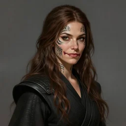 portrait of an woman by Greg Rutkowski, she is about 20 years old, pretty, long brown wavy hair, tribal tattoos on her face, scar near her mouth that makes her look like she's smiling all the time, wearing black sith robes, Star Wars Expanded Universe, highly detailed portrait, digital painting, artstation, concept art, smooth, sharp foccus ilustration, Artstation HQ