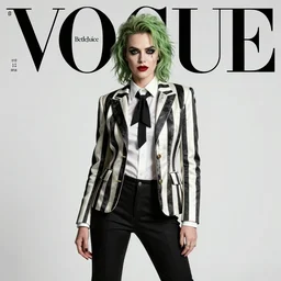 beetlejuice. studio photo feminine pose. vogue magazine cover with text. highly detailed