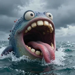 of a stormy ocean with large strange goofy creatures with big mouth, long tongue, weird nose, and square teeth appearing from the water, in the style of yang na, macro lens, shallow depth of field, highly detailed, digital painting, trending artstation, concept art, illustration, cinematic lighting, vibrant colors, photorealism, epic, octane render
