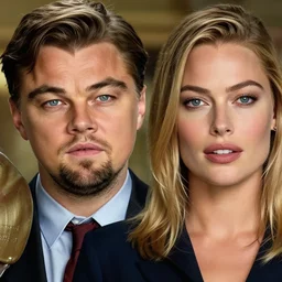 leonardo dicaprio as the wolf of wall street next to margot robbie as naomi from the wolf of wall street, hyper realistic faces, beautiful eyes, cinematic, long shot, hyper detailed, 8 5 mm photograph, 8 k resolution, film still, sharp lens, wide lens
