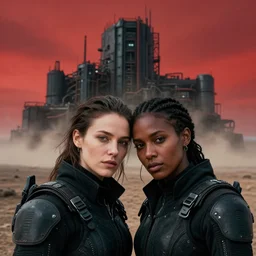 cinestill 5 0 d photographic portrait of two loving clones, women wearing rugged black techwear on a desolate plain with a red sky, extreme closeup, diverse species, cyberpunk, in front of a brutalist dark metal facility, dust storm, 3 5 mm, 8 k, f / 3 2, high resolution, ultra realistic faces, beautiful faces