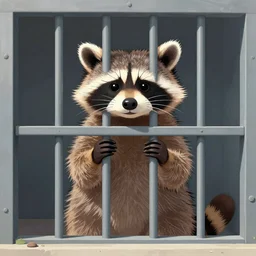 A humanoid raccoon in jail behind bars, digital art