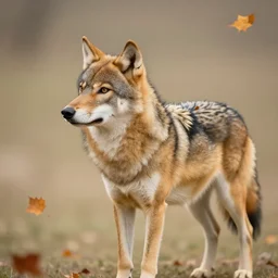 professional digital art of a side profile of a tibetan wolf, tan and brown fur, fluffy, falling leaves, hd, 8 k, highly detailed, high quality, cute