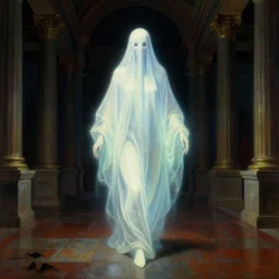 a portrait of a mystical glowing sheeted ghost wandering giant gloomy neoclassicist halls. night time. renaissance masterpiece. highly detailed sci - fi horror painting by norman rockwell, frank frazetta, and syd mead. rich colors, high contrast, dark background. artstation