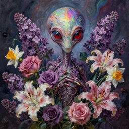Haunting horrifying detailed painting of a tall skinny extraterrestrial flower monster made of lilacs, roses, lilies and daffodils, light leak, spectrum, and bloodshot eyeballs, hyper detailed, trending on Artstation