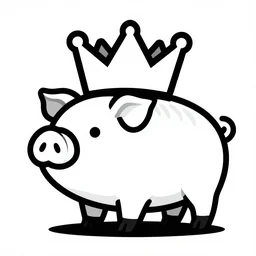 full body side view of a pig wearing a crown thick lines black and white logo vector 8k