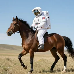 astronaut holds a horse on his back