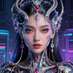 very beautiful woman integrating with technology, full face frontal centered, portrait, insipiring, detailed intricate ornate cables connected to head, big alien dark eyes, luxurious detailed abundent wiring and implants, diamonds, ruby, sci - fi, neon, glow, lucious shinny hair, detailed background with cyber circuits, highly detailed, artstation, 8 k