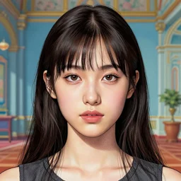 studio portrait, absurdly beautiful, elegant, realistic young gravure idol, ultrafine hyperrealistic detailed face illustration by wes anderson, intricate linework, sharp focus, bright colors, matte, octopath traveler, final fantasy, unreal engine highly rendered, global illumination, radiant light, intricate environment