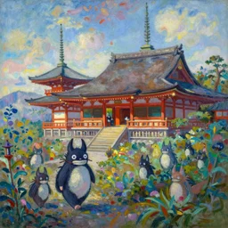 a japanese temple in the mountain. gorgeous epic nature. yokai walking around, lofi, vivid colors, amazing light, by jeremy lipkin, by claude monet, heavily inspired by makoto shinkai, kandinsky touches, inspired by ghibli, masterpiece, multiple brush strokes, impressionist style