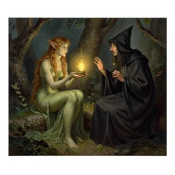 A dryad learns magic from an apprentice wizard, matte painting, 1870s