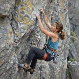 a stunning ultra realistic fine art painting of a teenage female rock climber wearing flared jeans, blonde brunette hair, by tom bagshaw, studio portrait, vivid colors, detailed hair,  4K