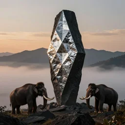 black - monolith - with - silvery - diamond - pattern, on a mountainside, layers of fog, at sunset, attended by mastadon. surrealism.