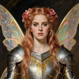 portrait of lana del rey as a fae warrior princess with rose - gold hair wearing a knight's armour with iridescent fairy wings painted by bougereau, raphael, waterhouse and klimt in dark shadows, pink and gold tones, gold, ultra detailed. clear and symmetrical facial features ( face with reface ).