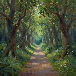 a painting of a path leading to a mystical forest full of wonders, apple trees, magical fairy atmosphere, trending on artstation, 30mm, by Tyler Edlin