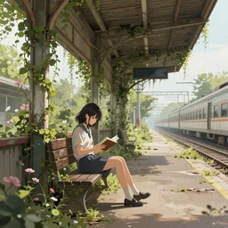 advanced digital art. an abandoned train station overgrown with vines and flowers. A beautiful girl is sitting on a bench reading. Digital Anime painting. WLOP, RossDraws. —H 2160