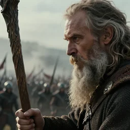 close up cinematic artwork of a random old man with a long beard, holding a staff, staring down the enemy on the battlefield by Greg Rutkowski, 4k, masterpiece