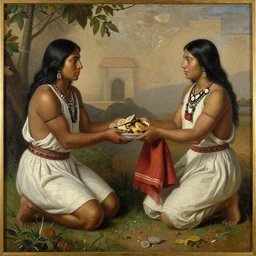 a beautiful painting of two incan people exchanging food and fabrics, art by christophe vacher