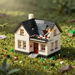 a razed broken house made of lego, pieces of lego laying on the lawn
