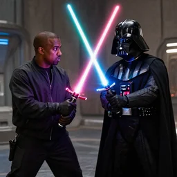 kanye west duelling darth vader with a rainbow lightsaber, sci fi, movie still