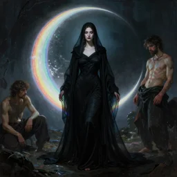 awe-inspiring award-winning concept art painting of attractive figure in black shrouds called the ghost of the moonbow queen, rainbow, by Michael Whelan, William Adolphe Bouguereau, John Williams Waterhouse, and Donato Giancola, cyberpunk, extremely moody lighting, glowing light and shadow, atmospheric, shadowy, cinematic, 8K,