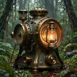 steampunk time machine, in the rainforest, intricate detail, hyper detailed, ultra realistic, sharp focus, smooth, octane render, lantern, volumetric, ray tracing, artstation trending, cgsociety, sense of awe, mystical, by wolp and artgerm, midsommar 4 k
