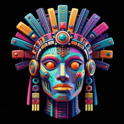 hyperdetailed portrait of a cyberpunk aztec futurism robot head, 8 k, symetrical, flourescent colors, halluzinogenic, multicolored vector art, black background
