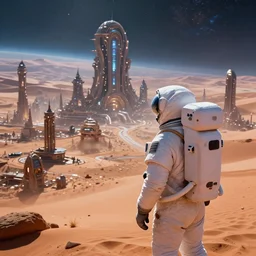 “ human small astronaut gaze in awe looking at an unknown vast alien city unknown planet high edifications intricate architecture desert sharp focus art detail lights cinematic hdr vibrant colors ”