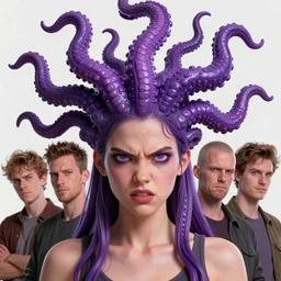 art portrait of a furious girl with purple tentacles on her head, 8 k, by tristan eaton, stanley artgermm, tom bagshaw, greg rutkowski, carne griffiths, trending on deviantart, face enhance, hyper detailed, full of colour