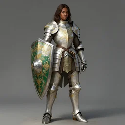full body portrait of a rugged female warrior dark skin medium length brown hair and a very highly detailed face wearing elegant white, green and gold plate mail armor intricately painted, holding a huge shield, very highly detailed, artstation, cgsociety, realistic character concept art, sharp focus, by greg rutkowski, and alphonse mucha