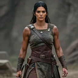 realistic photograph. black hair single streak in hair over left ear. imposingly tall, broadshouldered, jacked muscular woman. half black half arab. dark skin. face like kendall jenner, dark complexion. modest practical medieval ranger clothing. fully dressed. massively jacked physique, swole. in her 3 0's. ranger. female. clothed. streak in hair. built like