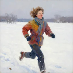 a forty five year old woman with short wavy curly light brown hair and blue eyes wearing colorful winter clothes is running in a snowy field. beautiful painting by artgerm and greg rutkowski