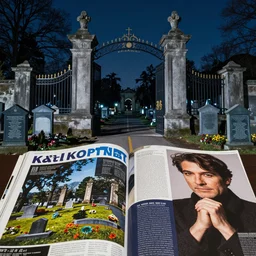 a magazine collage titled in front of the cemetery gates, moody, sharp, night, exquisite, vibrant colors, ultra wide angle, masterpiece, cinematic, high detail, by karl kopinski, by kim jung ji