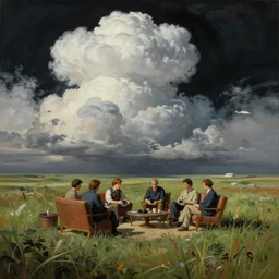 a lounge on the edge of a meadow. billowing clouds. highly detailed science fiction painting by norman rockwell, frank frazetta, and syd mead. rich colors, high contrast, gloomy atmosphere, dark background. trending on artstation.