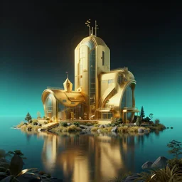 photo hyper realistic concept architecture art house solarpunk in the funny lake, in void of latent space, volumetric lighting style futuriste, gold and black turquoise ratio,, octane render excellent composition escher