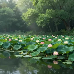 a mirror like pond, by springtime flowers and foliage in full bloom, lotus flowers on the water, dark foggy forest background, sunlight filtering through the trees, digital art, art station
