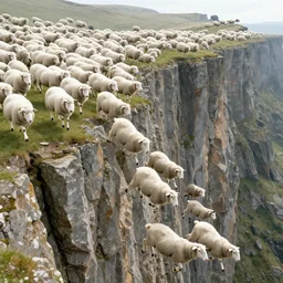 hundreds of white sheep running in the direction of a cliff and falling down the rocks below, there is one black sheep going against the crowd, 1 9 0 0 colored sketching, wide shot
