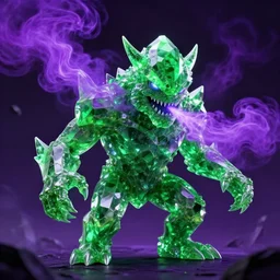 green crystal monster exhaling violet toxic smoke, neon purple, cyberpunk, digital art, very detailed, high quality
