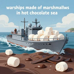 “warships made of marshmallows in hot chocolate sea”