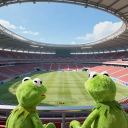 panorama view of a rocket league stadium with kermit the frog, art by akira toriyama, 4 k, dragon ball artstyle, cel shaded, highly detailed, epic lighting