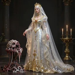 highly detailed 8 k veiled bojan jevtic medium shot portrait character design of catholic gothic transparent bride with rotting still life,, anna dittmann, slime, artstation, maximalist, masterpiece, glittering, gold, silver, ivory, hyperreal, nicola samori