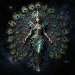 psychedelic peacock feathered goddess in a milky black cosmic galaxy, cinematic lighting, hyper - detailed, cgsociety, 8 k, high resolution, cosmos, space, depth filled with stars, magical atmosphere, symmetrical face, photograph, insanely detailed and intricate, watercolor, cinematic, full body, wide shot, raphaelite, artstation, trending on artstation, octane render, mythology, ultra realistic, photorealistic, post - processing render, unreal engine 5