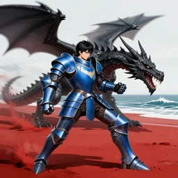 Levi Ackerman in Prussian blue heavy knight armour fight with black dragon over the roaring scarlet red shore close to the ocean,  speedy wind atmosphere, burst dust and fire, epic, Precise and thick,  draw by Art station artist Anato Finnstark, aerial view, halfrear lighting, cinematic lighting