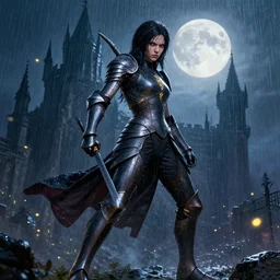 angry christian, wearing rain soaked armour in heavy rain, incredibly fine detailed portrait, battle angel alita, dynamic angle, elegant, full body profile, 2 0 0 mm focal length, highly detailed, dramatic full moon lighting, many fireflies, gothic castle prodominently in the background, movie cover