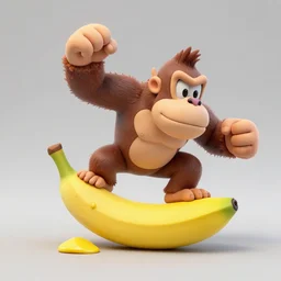 Donkey Kong slips on a banana, 3D render, detailed clay model