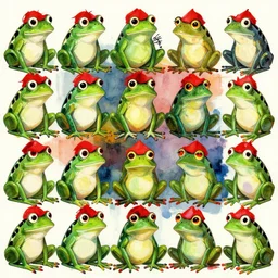 frogs with red hats by beeple, artgerm, aaron horkey, amanda sage, bauhaus, salvador dali, bernie wrightson, bruce pennington, frank, stella, anne stokes, alena aenami, angus mckie, alex grey, don bluth, akira toriyama, chris moore, arthur adams, andre masson, dr. suess, brian despain. abstract, artstation, design 4 k, native, hd