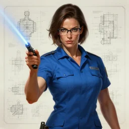 epic portrait of one slightly ( ( ( ( ( ( ( ( ( muscular ) ) ) ) ) ) ) ) ) woman wearing short sleeved blue uniform and carrying laser pointer, blueprint as background, glasses, detailed, digital painting, artstation, concept art, donato giancola, joseph christian leyendecker, wlop, boris vallejo, breathtaking, 8 k resolution, extremely detailed, beautiful, establishing shot, artistic, hyperrealistic, beautiful face, octane render
