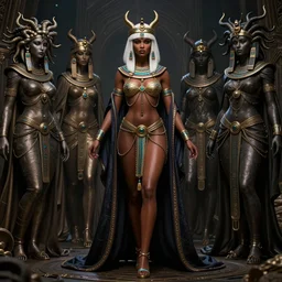 full length complex 3 d hyper realistic smooth ultra sharp render of a gorgeous light skinned african woman with white hair | bikini, chains, robes | demoness, succubus, witch, egyptian goddess, medusa | medieval, fantasy, d & d, unholy | intricate, highly detailed, octane render, photorealistic, cinematic, breathtaking beauty | art by 吵 集 仁 儿 on artstation + oh jinwook + sakimichan + halim ghodbane
