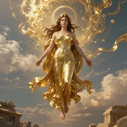 Hyper realistic portrait of a goddess floating in the middle of ancient sky, gold fluid simulation in the background, Cinematic lighting, ultra super good realistic 3D render by Pete Morbacher and Emil Melmoth, symmetry, insanely detailed, trending on artstation, 8k