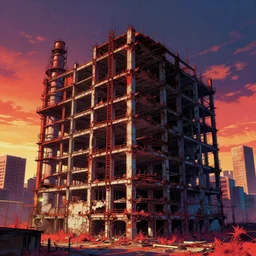 a beautiful hyperdetailed anime illustration of abandoned unfinished building industrial architecture arsenal by pierre de meuron, liberty city infrared hyperrealism dramatic lighting sunset retrowave lightpaint tokyo neon noir thermal vision myst thermal imaging, archdaily, wallpaper, highly detailed, trending on artstation.